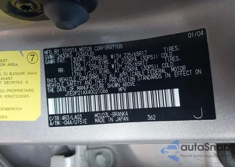 2004 Toyota Highlander Limited V6 из США, поврежденный, VIN JTEDP21AX40021066